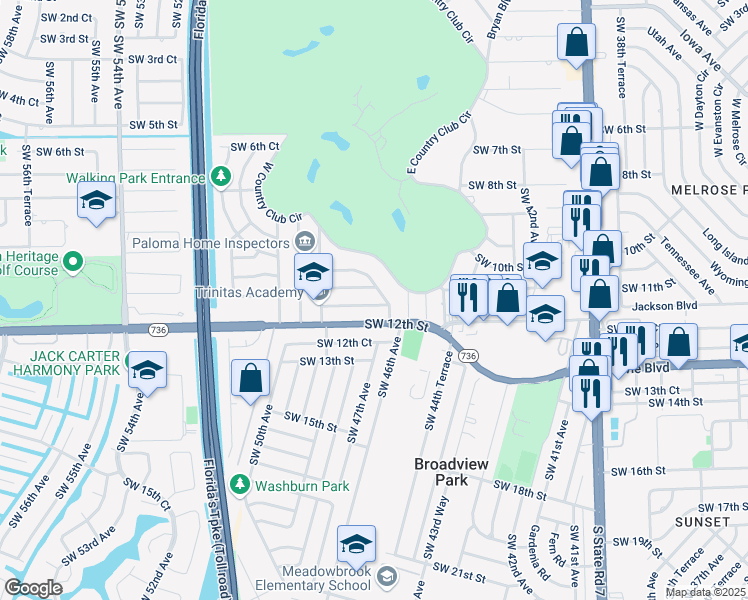 map of restaurants, bars, coffee shops, grocery stores, and more near 4710 Southwest 11th Street in Plantation