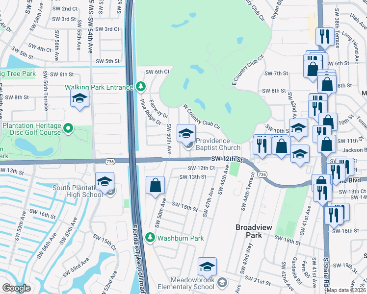 map of restaurants, bars, coffee shops, grocery stores, and more near 1048 Southwest 49th Terrace in Plantation