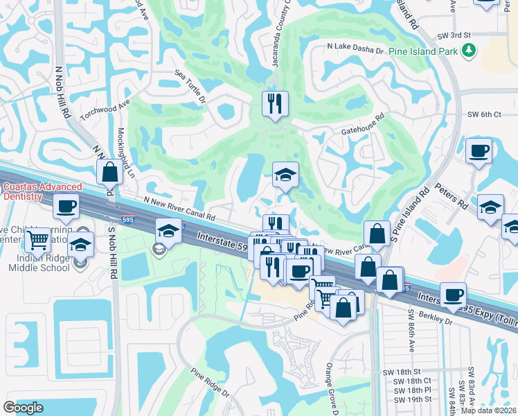 map of restaurants, bars, coffee shops, grocery stores, and more near 10 The Common in Plantation