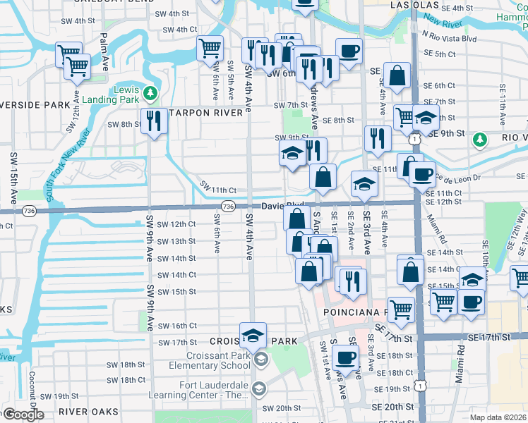 map of restaurants, bars, coffee shops, grocery stores, and more near 311 Davie Boulevard in Fort Lauderdale