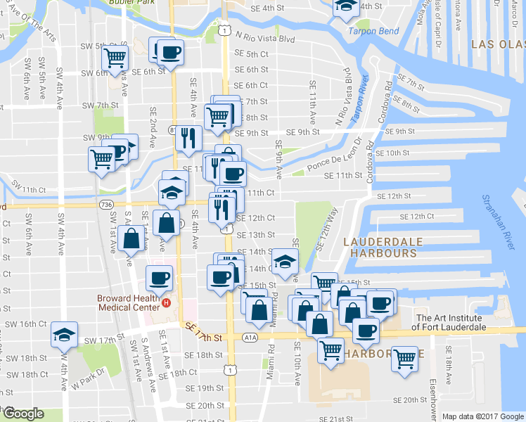 map of restaurants, bars, coffee shops, grocery stores, and more near 807 Southeast 12th Court in Fort Lauderdale