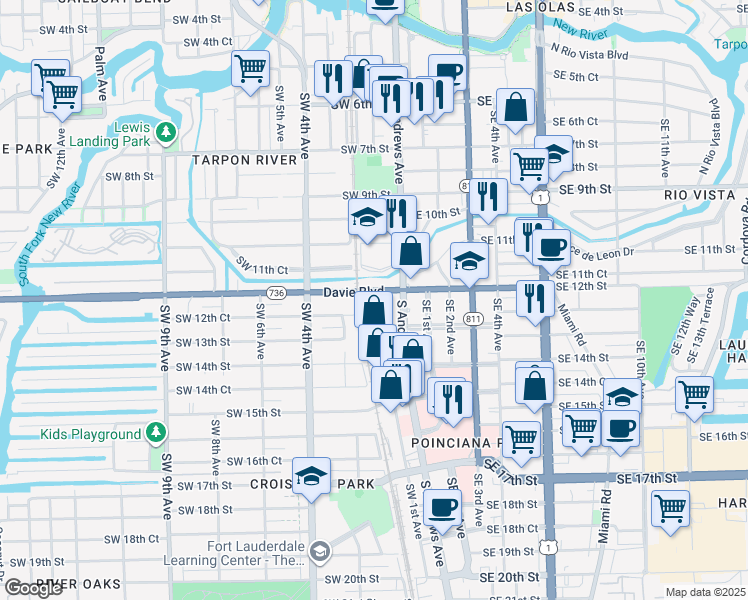 map of restaurants, bars, coffee shops, grocery stores, and more near 11 Davie Boulevard in Fort Lauderdale