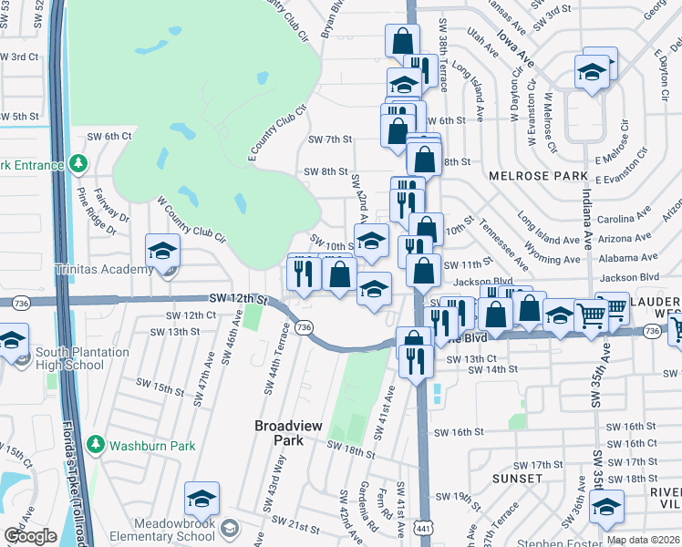 map of restaurants, bars, coffee shops, grocery stores, and more near 4270 Southwest 11th Street in Plantation