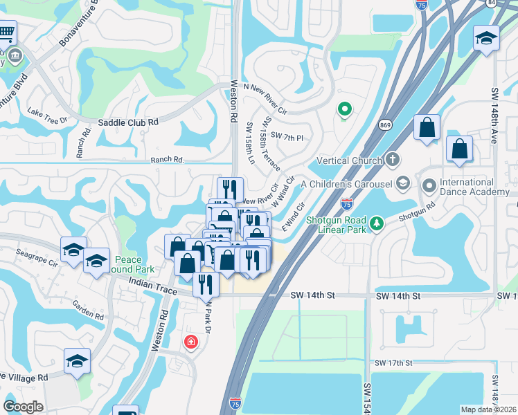 map of restaurants, bars, coffee shops, grocery stores, and more near 15943 West Wind Circle in Sunrise