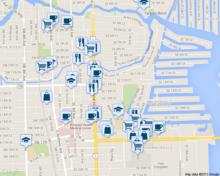 map of restaurants, bars, coffee shops, grocery stores, and more near 816 Southeast 12th Street in Fort Lauderdale