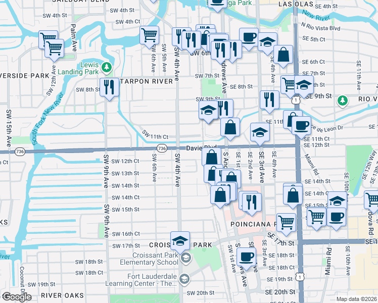 map of restaurants, bars, coffee shops, grocery stores, and more near 311 Davie Boulevard in Fort Lauderdale