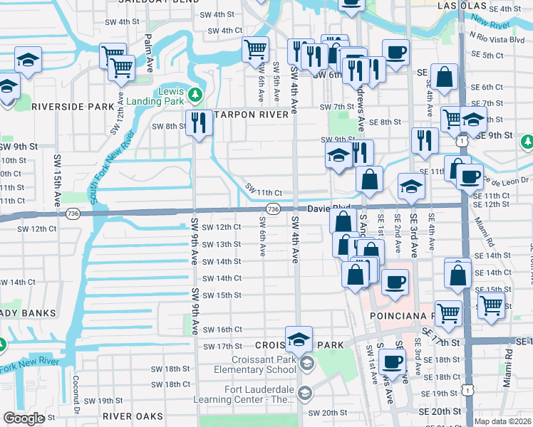 map of restaurants, bars, coffee shops, grocery stores, and more near 613 Southwest 12th Street in Fort Lauderdale