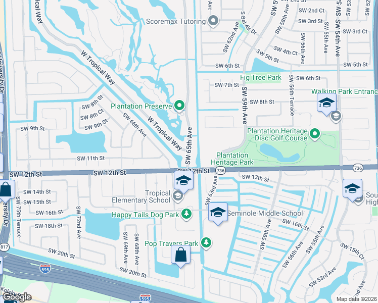 map of restaurants, bars, coffee shops, grocery stores, and more near 1079 East Tropical Way in Plantation