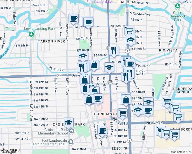 map of restaurants, bars, coffee shops, grocery stores, and more near 100 Southwest 12th Street in Fort Lauderdale