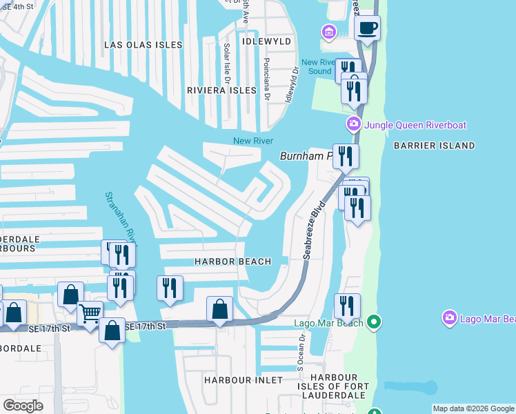 map of restaurants, bars, coffee shops, grocery stores, and more near 51 Isla Bahia Drive in Fort Lauderdale