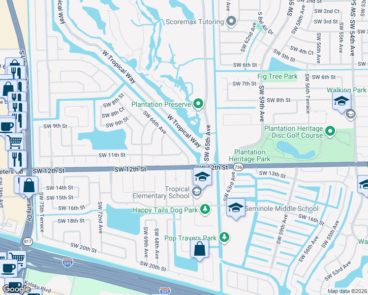 map of restaurants, bars, coffee shops, grocery stores, and more near 1090 Renmar Drive in Plantation