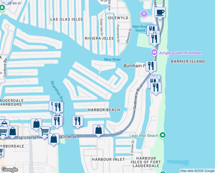 map of restaurants, bars, coffee shops, grocery stores, and more near 36 Isla Bahia Drive in Fort Lauderdale