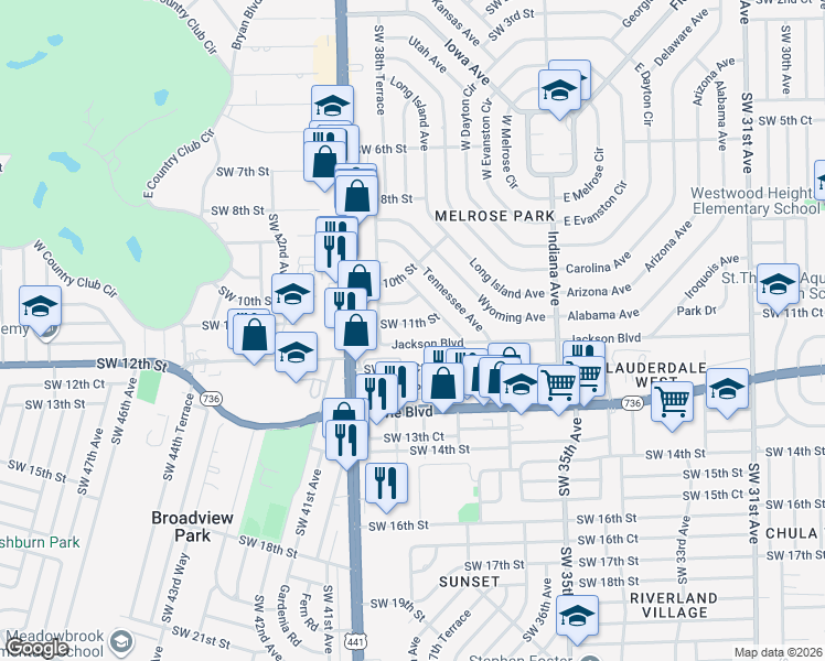 map of restaurants, bars, coffee shops, grocery stores, and more near 3820 Southwest 11th Street in Fort Lauderdale