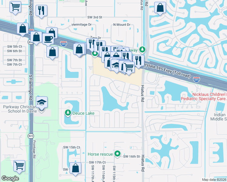 map of restaurants, bars, coffee shops, grocery stores, and more near 11469 Southwest 10th Court in Davie