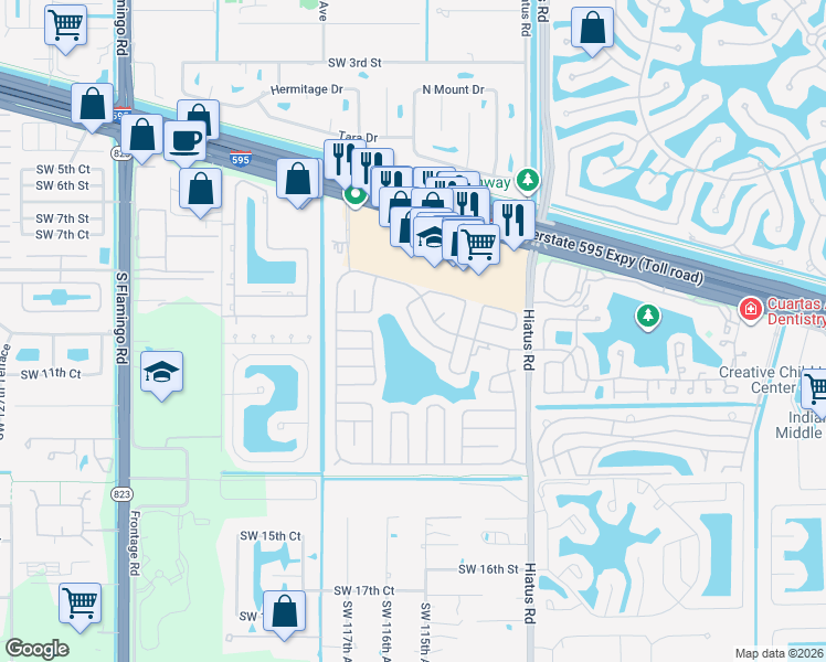 map of restaurants, bars, coffee shops, grocery stores, and more near 11469 Southwest 10th Court in Davie