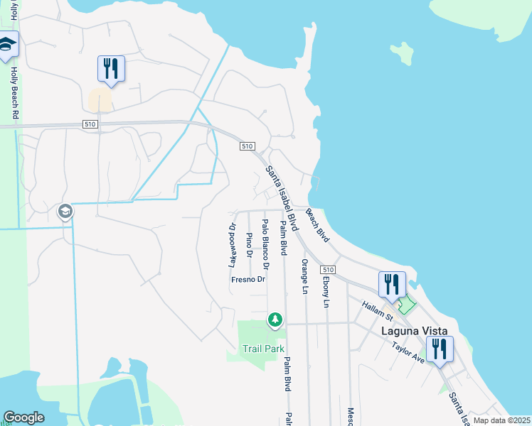 map of restaurants, bars, coffee shops, grocery stores, and more near 1414 Palo Blanco Drive in Port Isabel