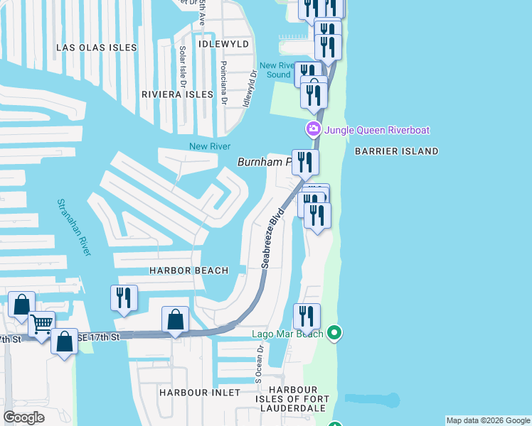 map of restaurants, bars, coffee shops, grocery stores, and more near 1224 East Lake Drive in Fort Lauderdale