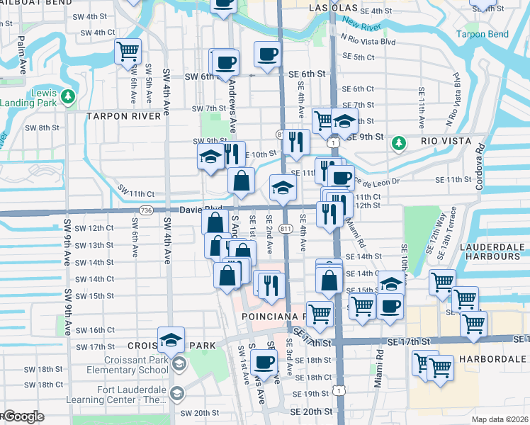 map of restaurants, bars, coffee shops, grocery stores, and more near 100 Southwest 12th Street in Fort Lauderdale