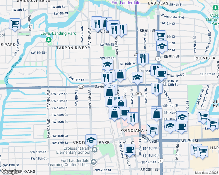 map of restaurants, bars, coffee shops, grocery stores, and more near 100 SW 12th St in Fort Lauderdale