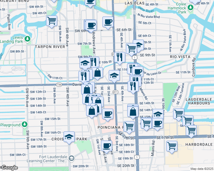 map of restaurants, bars, coffee shops, grocery stores, and more near 100 Southwest 12th Street in Fort Lauderdale
