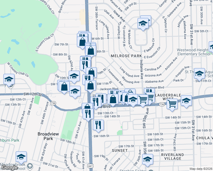 map of restaurants, bars, coffee shops, grocery stores, and more near 3820 Southwest 11th Street in Fort Lauderdale