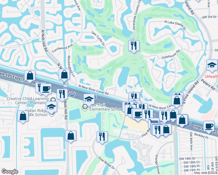 map of restaurants, bars, coffee shops, grocery stores, and more near 9551 South West 10th Court in Plantation