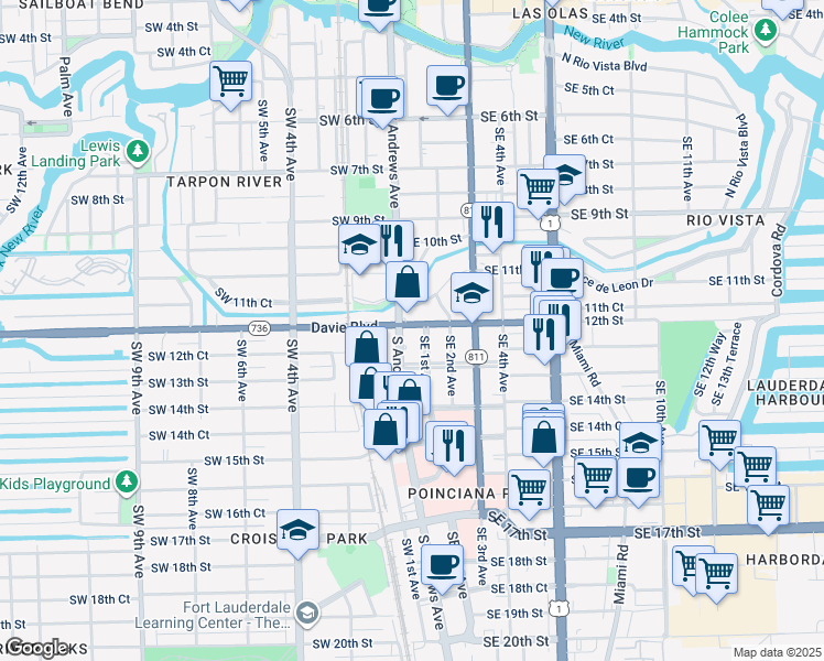 map of restaurants, bars, coffee shops, grocery stores, and more near 42 Southeast 12th Street in Fort Lauderdale