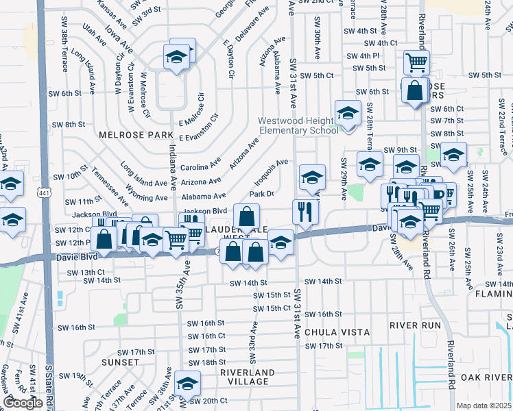 map of restaurants, bars, coffee shops, grocery stores, and more near 3221 Jackson Boulevard in Fort Lauderdale