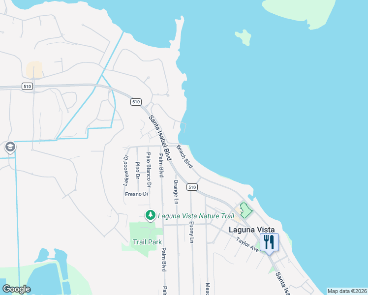 map of restaurants, bars, coffee shops, grocery stores, and more near 1402 Beach Boulevard in Laguna Vista