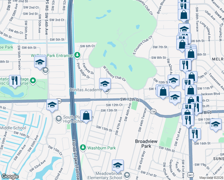 map of restaurants, bars, coffee shops, grocery stores, and more near 4820 Southwest 11th Street in Plantation