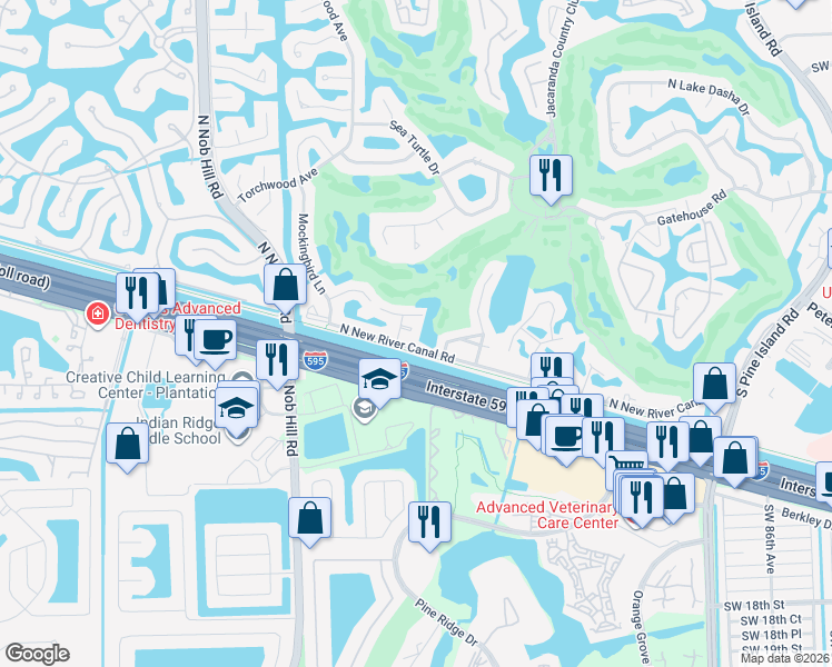 map of restaurants, bars, coffee shops, grocery stores, and more near 205 North River Road in Plantation