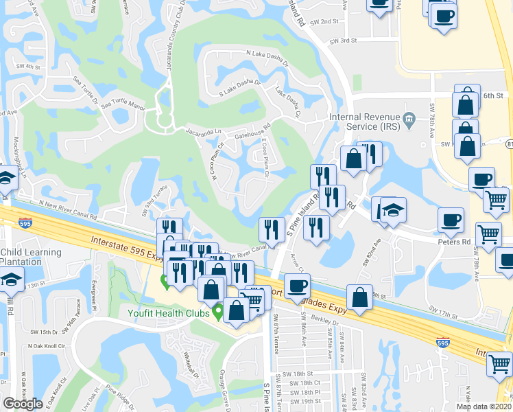 map of restaurants, bars, coffee shops, grocery stores, and more near 920 East Coco Plum Circle in Plantation