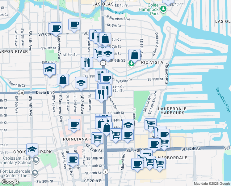 map of restaurants, bars, coffee shops, grocery stores, and more near 702 Southeast 12th Street in Fort Lauderdale