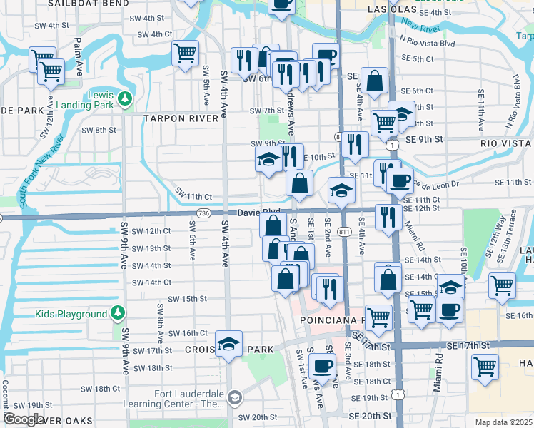 map of restaurants, bars, coffee shops, grocery stores, and more near 11 Davie Boulevard in Fort Lauderdale