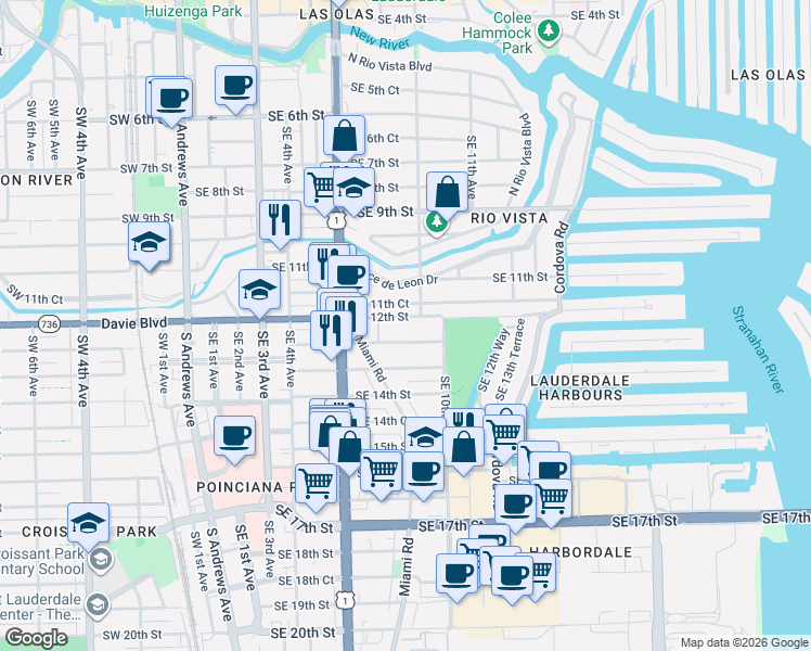 map of restaurants, bars, coffee shops, grocery stores, and more near 816 Southeast 12th Street in Fort Lauderdale