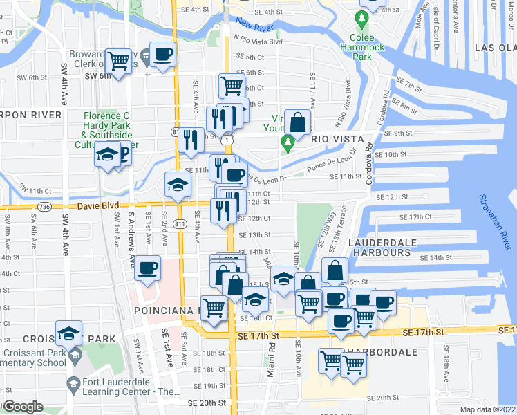 map of restaurants, bars, coffee shops, grocery stores, and more near 816 Southeast 12th Street in Fort Lauderdale