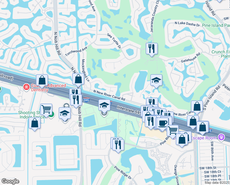 map of restaurants, bars, coffee shops, grocery stores, and more near 205 North River Road in Plantation