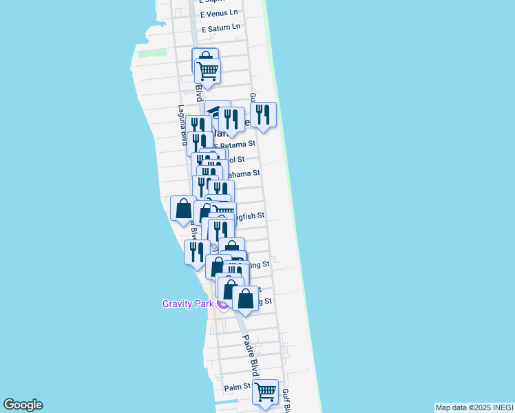 map of restaurants, bars, coffee shops, grocery stores, and more near 3201 Gulf Boulevard in South Padre Island
