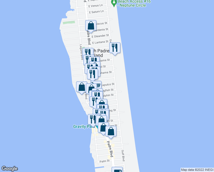 map of restaurants, bars, coffee shops, grocery stores, and more near 114b East Acapulco Street in South Padre Island
