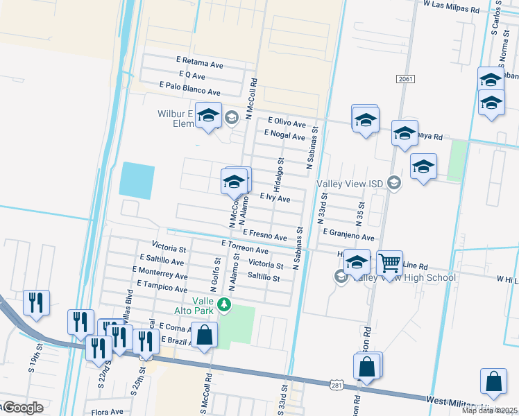 map of restaurants, bars, coffee shops, grocery stores, and more near 2901 Huisache Avenue in Hidalgo