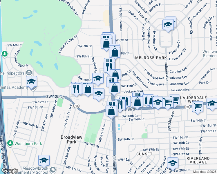 map of restaurants, bars, coffee shops, grocery stores, and more near 1049 South State Road 7 in Plantation