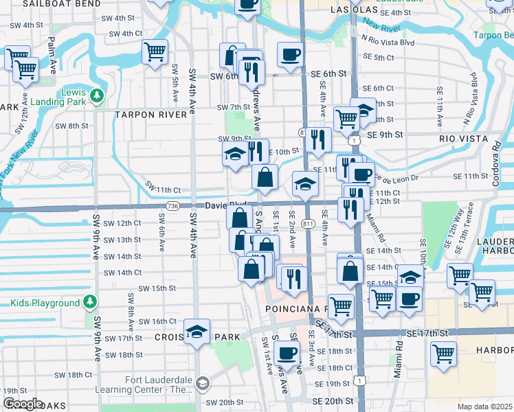 map of restaurants, bars, coffee shops, grocery stores, and more near 1203 South Andrews Avenue in Fort Lauderdale