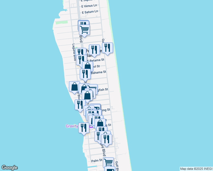 map of restaurants, bars, coffee shops, grocery stores, and more near 3201 Gulf Boulevard in South Padre Island
