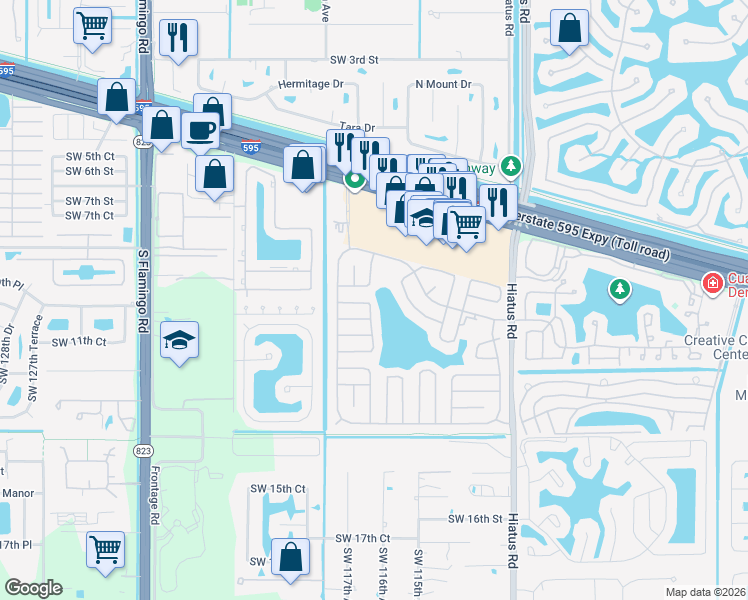 map of restaurants, bars, coffee shops, grocery stores, and more near 956 Southwest 116th Way in Davie