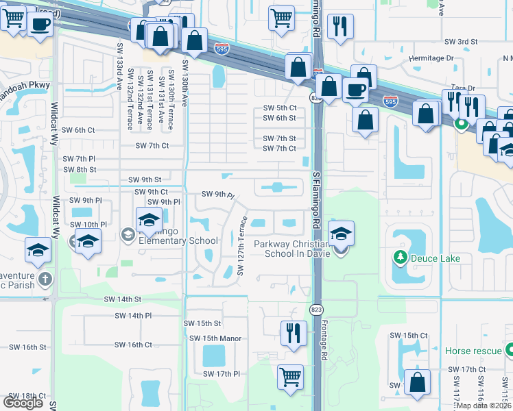 map of restaurants, bars, coffee shops, grocery stores, and more near 12601 Southwest 10th Court in Davie