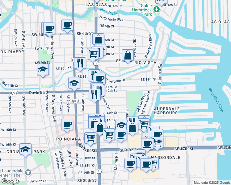 map of restaurants, bars, coffee shops, grocery stores, and more near 816 Southeast 12th Street in Fort Lauderdale