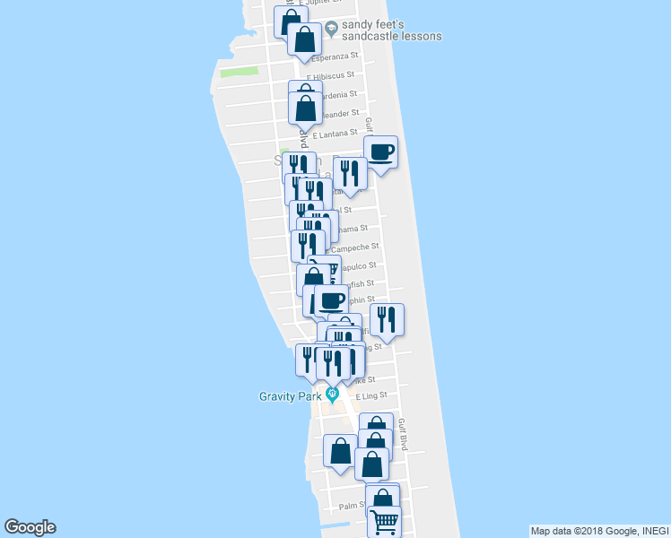 map of restaurants, bars, coffee shops, grocery stores, and more near 111 East Acapulco Street in South Padre Island