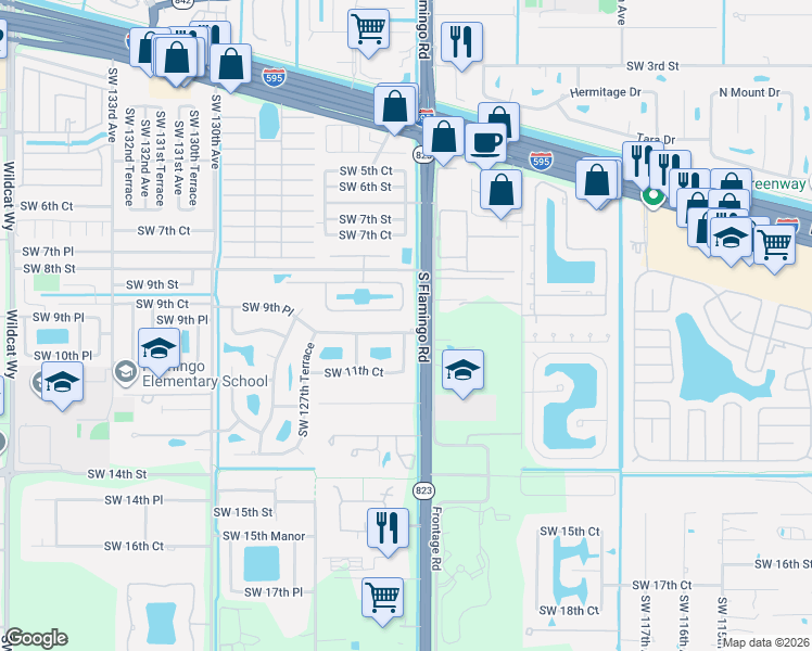 map of restaurants, bars, coffee shops, grocery stores, and more near 12411 Southwest 10th Court in Davie