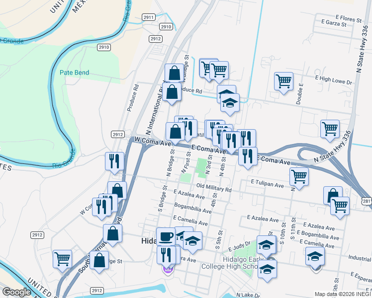 map of restaurants, bars, coffee shops, grocery stores, and more near 128 East Coma Avenue in Hidalgo