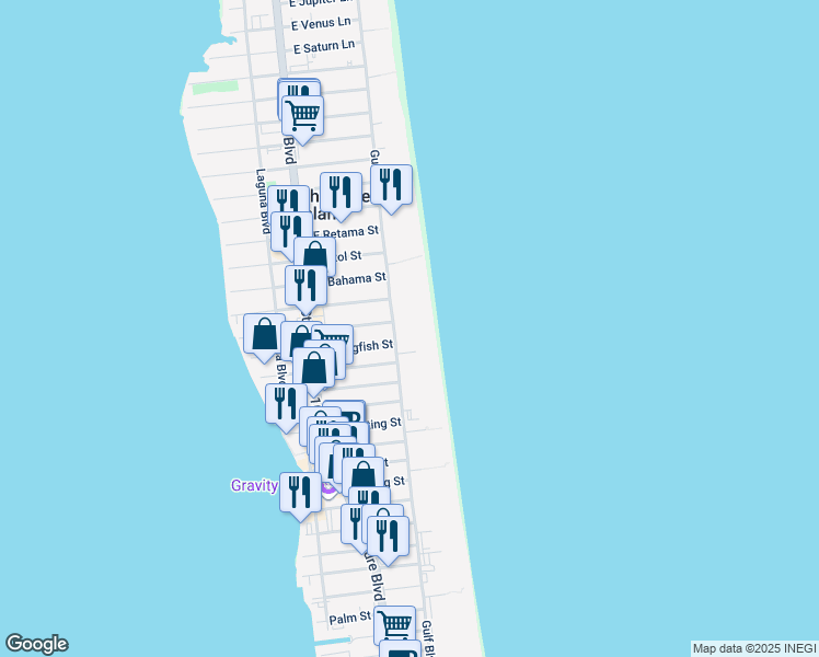 map of restaurants, bars, coffee shops, grocery stores, and more near 3204 Gulf Boulevard in South Padre Island